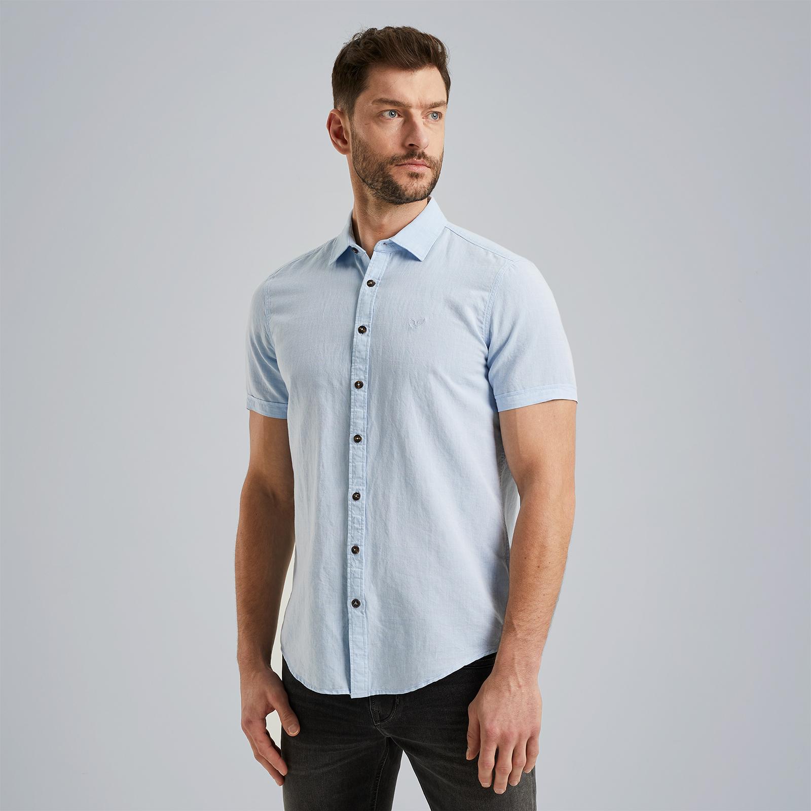 PME LEGEND Heren Overhemden Short Sleeve Shirt Ctn Linen 2tonen Owen Blauw